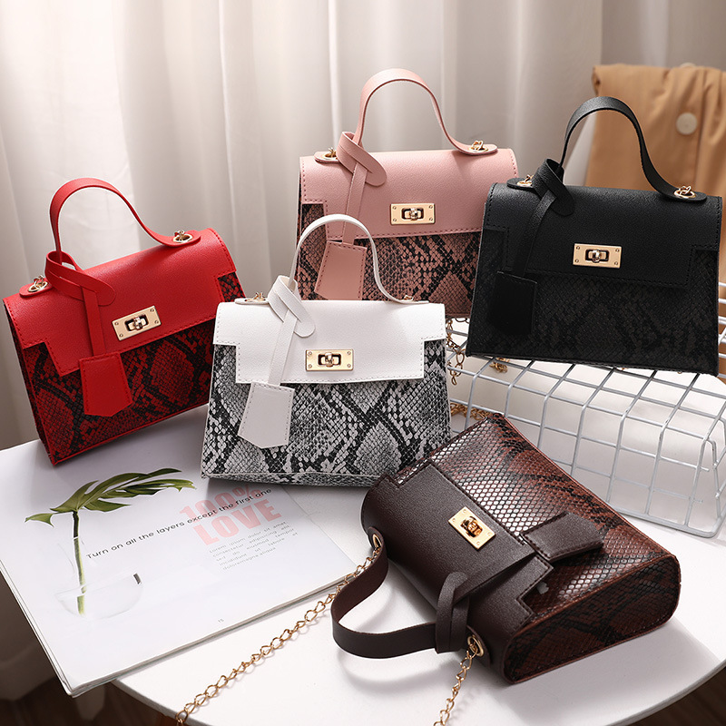 Ladies Snake Print Mini Square Handbag with Chain Strap