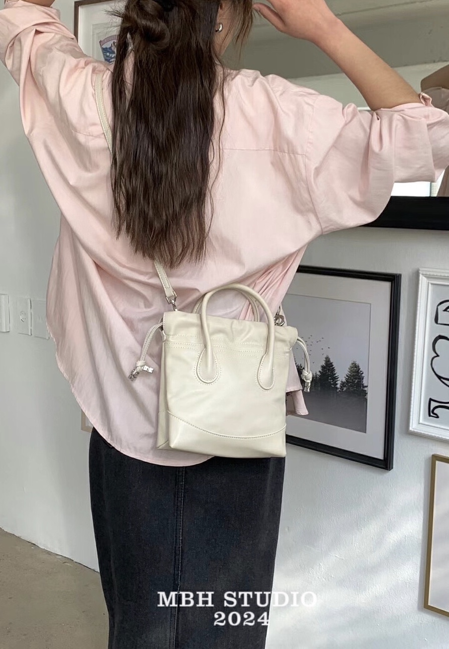 MBH Cow Leather Drawstring Mini Handbag Crossbody Bag with Shoulder Strap