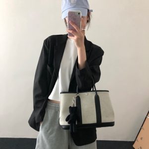 MBH Cowhide and Canvas Garden Tote Bag Casual Color Block Commuter Handbag with Shoulder Strap and Storage Pouch