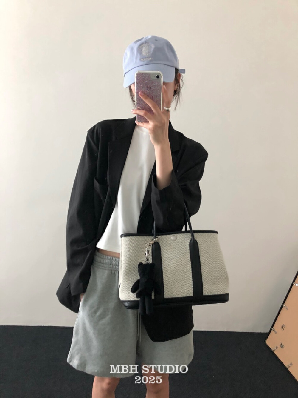 MBH Cowhide and Canvas Garden Tote Bag Casual Color Block Commuter Handbag with Shoulder Strap and Storage Pouch