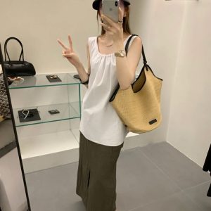 MBH Raffia Handwoven Tote Bag Genuine Leather Colorblock Large Shoulder Beach Bag