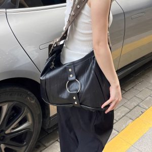 2025 Large Capacity Black Tote Bag Commuter Vintage Motorcycle Shoulder Crossbody Bag