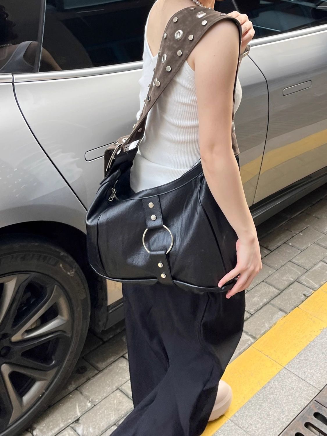 2025 Large Capacity Black Tote Bag Commuter Vintage Motorcycle Shoulder Crossbody Bag