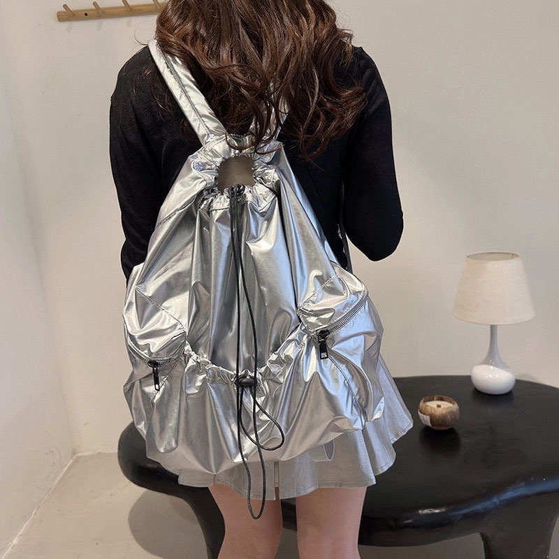 Travel Silver Backpack New Lightweight Drawstring Korean Niche Casual Large Capacity Versatile School Bag