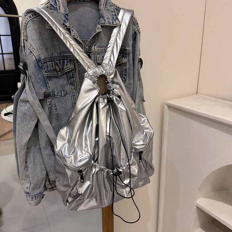 Travel Silver Backpack New Lightweight Drawstring Korean Niche Casual Large Capacity Versatile School Bag - Image 3