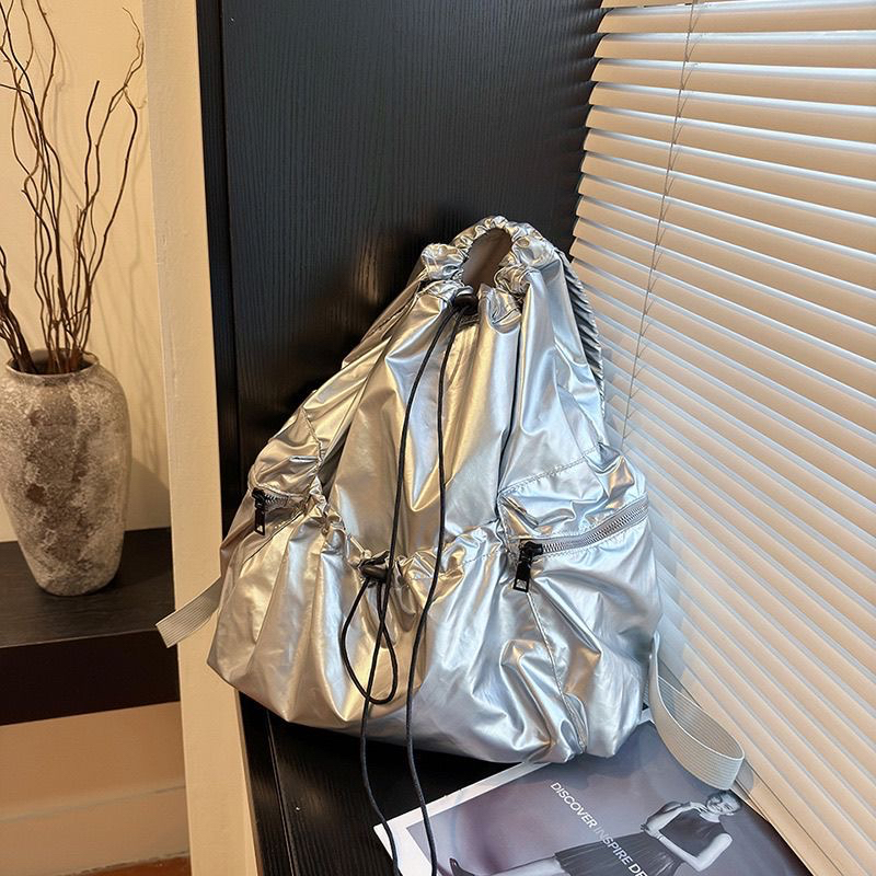 Travel Silver Backpack New Lightweight Drawstring Korean Niche Casual Large Capacity Versatile School Bag - Image 5