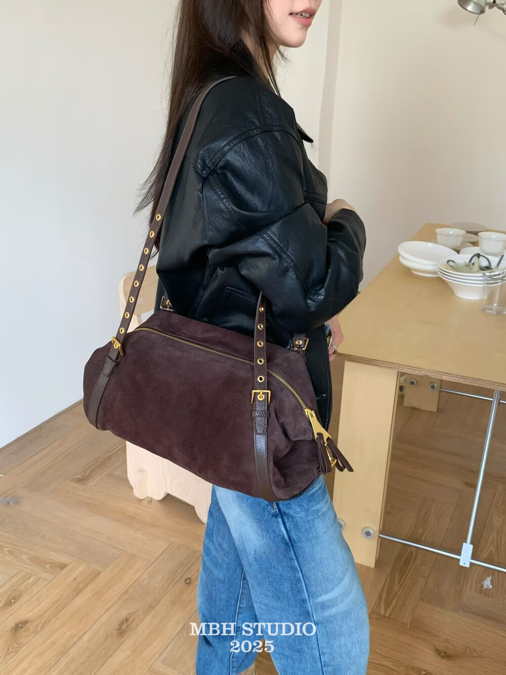 MBH Matte Leather Moto Miu-Style Baguette Bag Large Capacity Underarm Shoulder Bag - Image 2